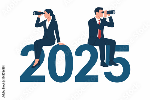 Business executives, man and woman in suits, sitting on 2025 numbers looking through binoculars. Concept for future forecast, vision, trends, strategy, planning, outlook for year 2025.