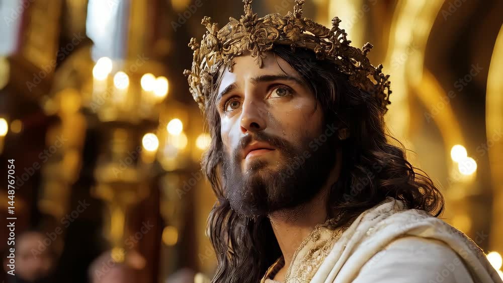 Jesus in a solemn depiction surrounded by soft, glowing lights and intricate religious decor evokes deep reflection on faith and spirituality Jesus in a solemn depiction surrounded by soft, glowing lights and intricate religious decor evokes deep reflection on faith and spirituality
