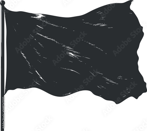 Black silhouette of a blank waving flag on flagpole isolated on white background