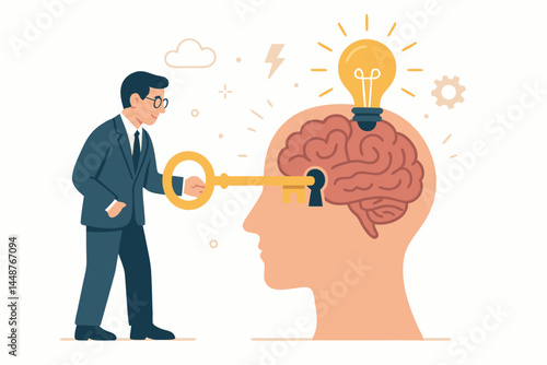 Businessman unlocking creative potential concept illustration. Man uses golden key to open mind with brain and lightbulb idea symbol for innovation, strategy, and solutions vector.