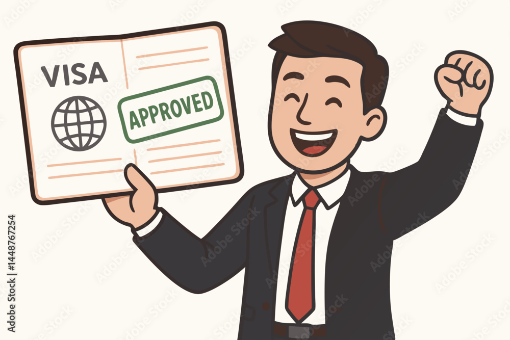 Ecstatic businessman celebrates visa approval, holding open passport with green approved stamp. Successful immigration, international travel, or work permit concept vector art. Ecstatic businessman celebrates visa approval, holding open passport with green approved stamp. Successful immigration, international travel, or work permit concept vector art.