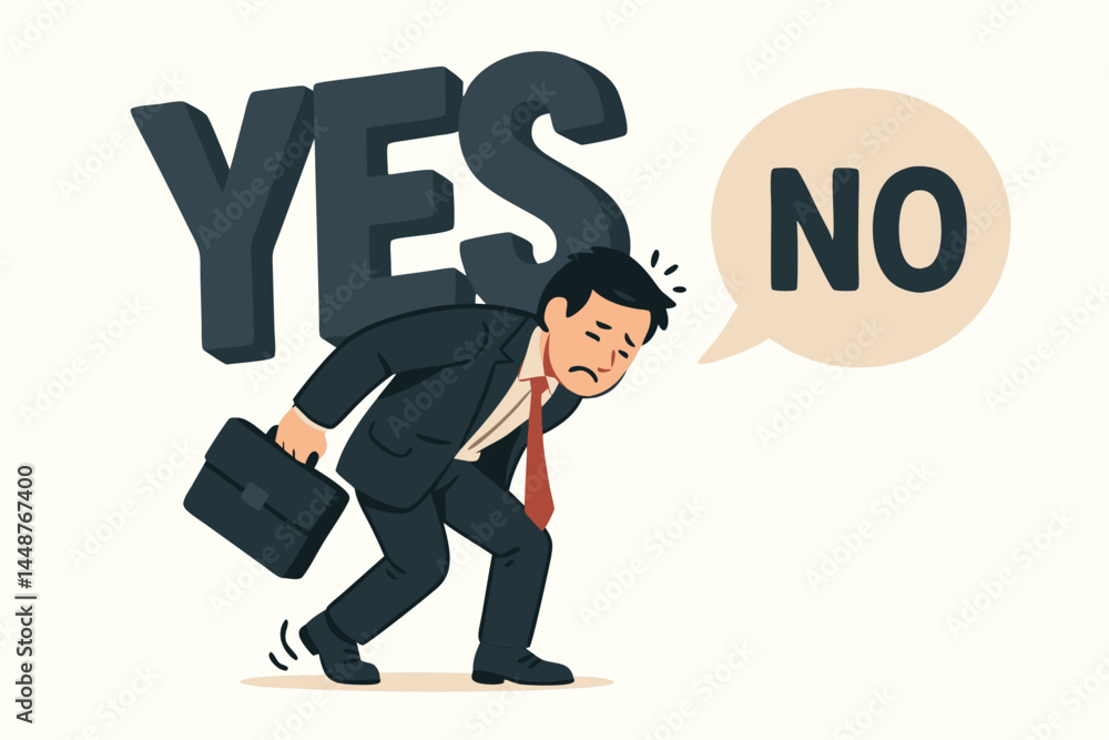 Stressed businessman carrying the heavy burden of saying 'YES', symbolizing work pressure, obligation, and the difficulty of saying 'NO' in a corporate environment vector illustration. Stressed businessman carrying the heavy burden of saying 'YES', symbolizing work pressure, obligation, and the difficulty of saying 'NO' in a corporate environment vector illustration.