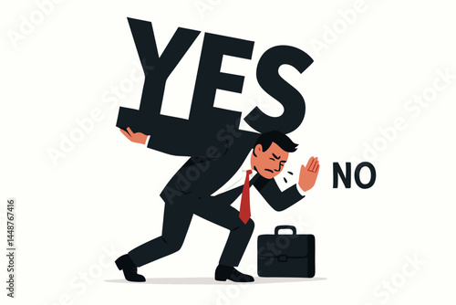 Stressed businessman crushed under the weight of 'YES', unable to say 'NO'. Vector graphic illustrating workplace pressure, commitment overload, decision anxiety, and burnout risk.
