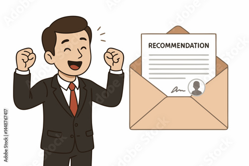 Excited Businessman Celebrating Receiving a Job Offer Letter with Recommendation Document Inside Envelope, Professional Success and Career Achievement Vector Illustration