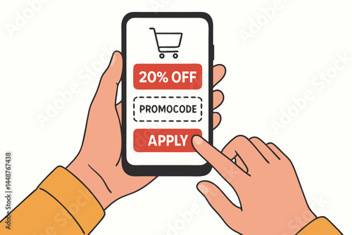 Vector illustration of hand holding smartphone, applying 20% discount promo code in mobile shopping app. Finger taps apply button for online e-commerce sale offer.