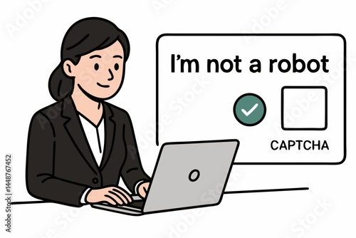 Professional businesswoman using laptop completes 'I'm not a robot' CAPTCHA verification test for online security and website access authentication vector illustration.