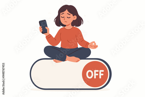 Mindfulness and digital detox illustration: Woman sits meditating on a giant 'OFF' switch, reluctantly holding smartphone, symbolizing disconnecting from tech overload for wellbeing.