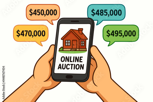 Online house auction illustration. Hands holding mobile phone displaying real estate bidding app with property icon and dollar amount bids. Digital home buying, property investment concept.