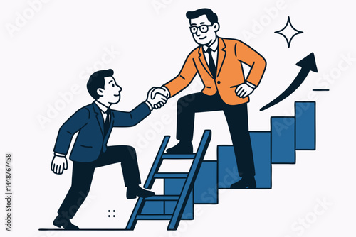 Businessman gets helping hand from mentor, climbing ladder towards success stairs graph, illustrating supportive guidance, partnership, teamwork, coaching, and career development.