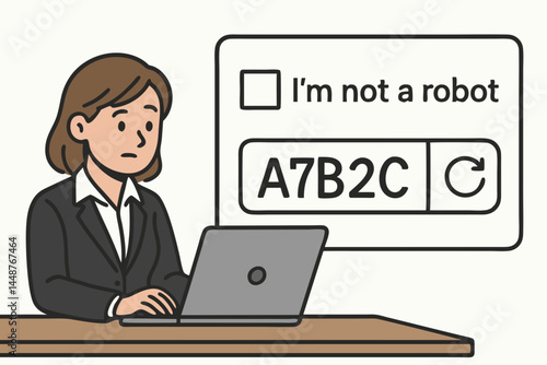Professional businesswoman encounters frustrating CAPTCHA challenge, "I'm not a robot" verification test on laptop screen, illustrating internet security annoyance and web access problems.