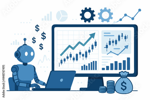 Artificial Intelligence Robot Analyzing Stock Market Data on Computer, Automation of Financial Trading, Investment Growth, Money Management, Machine Learning, and Fintech Innovation Concept