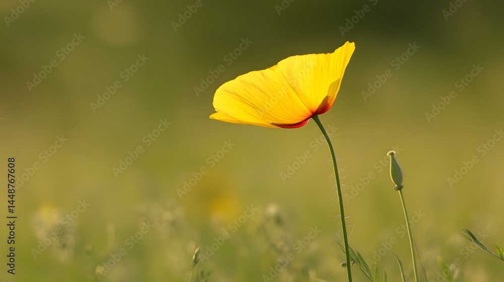 Obraz premium Single Yellow Poppy Flower in Meadow Golden Hour