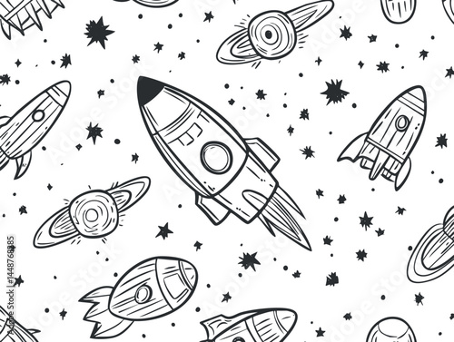 Black and white seamless pattern of hand drawn rockets, planets, and stars in outer space background