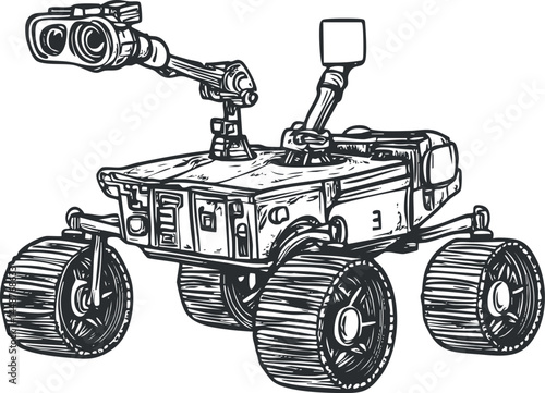 Black and white sketch of a robotic rover with four large wheels and a camera arm for space exploration