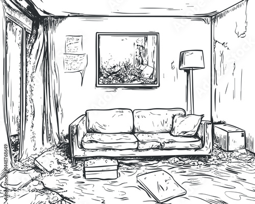 Black and white sketch of a messy living room with a sofa, cushions, lamp, window, and cracked walls.