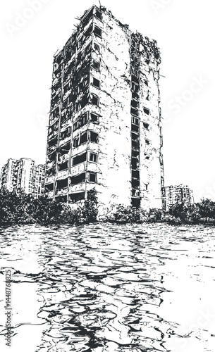 High-rise abandoned apartment building in urban area showing decay and damage with surrounding structures