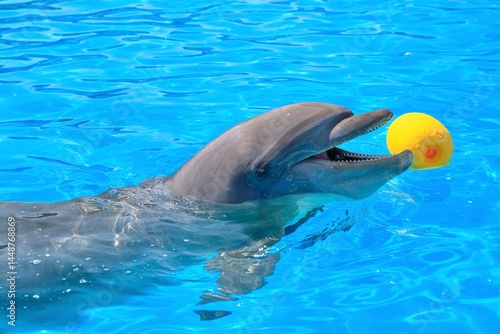 水族館のプールで楽しそうに遊ぶイルカ