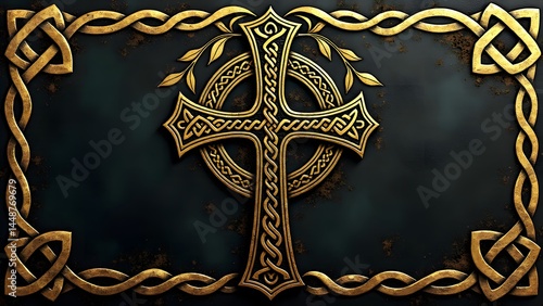 Obraz na płótnie celtic cross with vine motifs, gold leaf texture