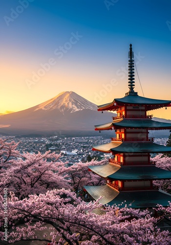 Serene vista of Mount Fuji and Chureito Pagoda embraced by blossoming cherry trees in picturesque Japan during a tranquil sunset hour