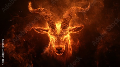 Fiery goat head with intense glowing highlights in front of dark swirling smoke generative ai