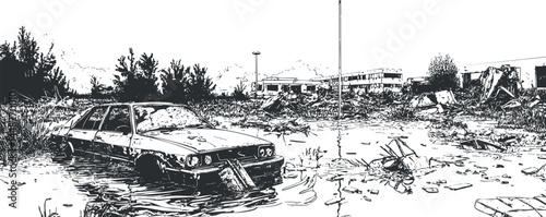 Black and white image of an abandoned car flooded in water surrounded by urban decay and trash in an industrial area.