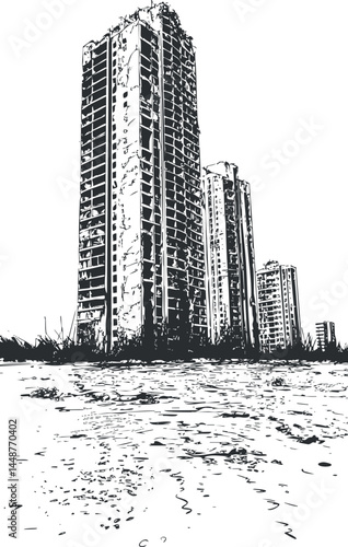 Black and white illustration of abandoned and ruined high-rise buildings in a desolate urban wasteland