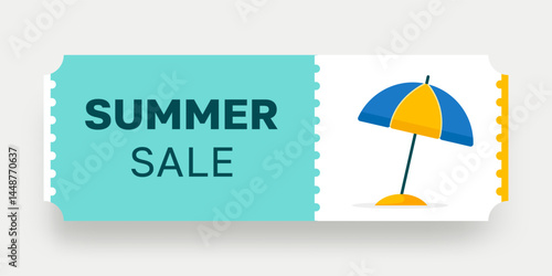 Summer Sale Discount Coupon. Colorful ticket with beach umbrella. Vector illustration. Ideal for promoting summer sales, travel deals, and tropical holiday offers.