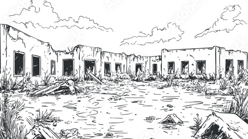 Black and white line drawing of abandoned ruined buildings with broken windows and overgrown vegetation