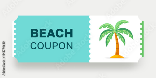 Beach Coupon. Color ticket with green palm tree. Vector illustration. Perfect for advertising summer sales, tourist offers and tropical vacations.