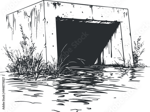 Black and white illustration of a concrete storm drain pipe outlet surrounded by plants and water overflow
