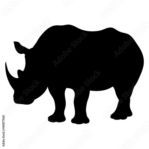 A strong rhinoceros is silhouetted against a white background in stark simplicity