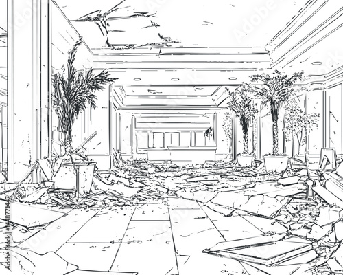 Interior view of a ruined and destroyed hallway with broken floor tiles and scattered debris