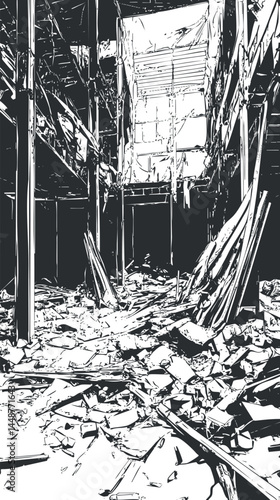 Black and white illustration of an abandoned building interior filled with rubble and debris after collapse or destruction.