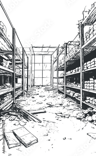 Black and white sketch of a warehouse interior with metal shelves filled with boxes and scattered debris on the floor.