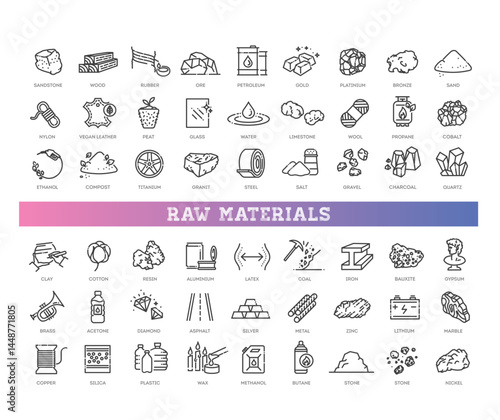 Raw materials icon set. Critical mineral resource outline icons