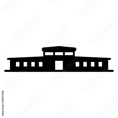 Silhouette of a minimalist modernist building with repetitive window and door design