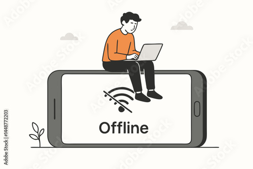 Vector illustration of a person working on a laptop atop a smartphone showing offline message and crossed-out Wi-Fi symbol. Concept for no connection, internet down, or digital break.