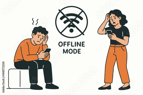 Offline mode frustration concept with sad man and worried woman unable to connect to internet via smartphone, showing no wifi symbol, depicting disconnection and technology problems.