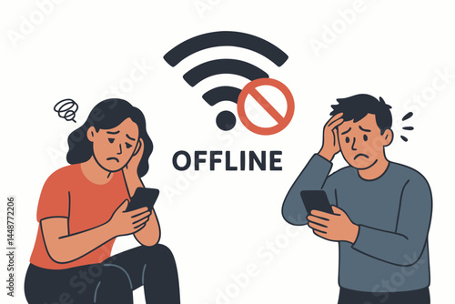 Man and woman stressed by poor mobile signal, offline message displayed with no wifi icon, vector graphic illustrating internet connection error and technology frustration.