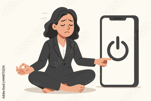 Mindfulness practice for stressed corporate woman vector illustration showing businesswoman meditating barefoot, turning off phone to disconnect and achieve digital detox relief.