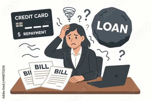 Financial crisis concept showing a stressed woman buried under debt, bills, loan payments, and credit card repayments, feeling anxious and overwhelmed at her office desk. Flat vector.