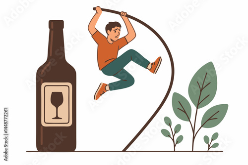 Overcoming alcohol dependency concept: Man takes a leap of faith, pole vaulting over a large wine bottle towards a new beginning, symbolizing sobriety, recovery, and health.