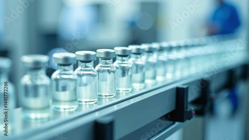 Glass medical vials moving along automated production line in sterile facility, pharmaceutical manufacturing for vaccines, healthcare supply and medical industry visuals