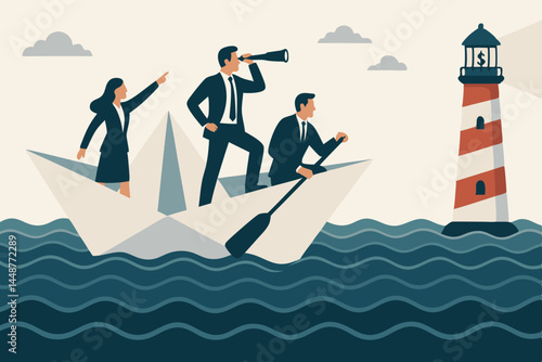 Teamwork concept with professionals in suits navigating challenging waters on a paper boat, seeking financial goals and business opportunities guided by a dollar sign lighthouse vision.