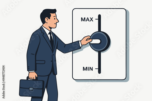 Professional Businessman in Suit Adjusting a Control Panel Knob Setting from Minimum to Maximum for Business Strategy Optimization and Performance Tuning Vector Graphic.