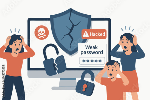 Cybersecurity failure concept vector. Distressed individuals respond to hacked computer alert, weak password message, cracked shield, and broken padlock icons showing vulnerability.