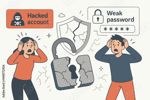 Distressed man and woman react to security breach concept with broken padlock, cracked shield, hacked account icon, and weak password notification illustrating cybersecurity failure.