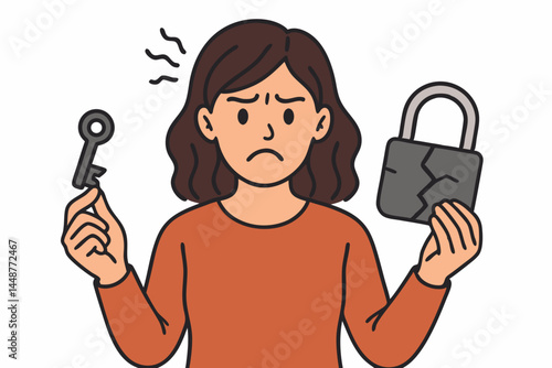 Confused woman holding a key and a cracked padlock vector illustration. Concept art depicting frustration, security issues, access denied, data breach, problem solving, or finding a solution.
