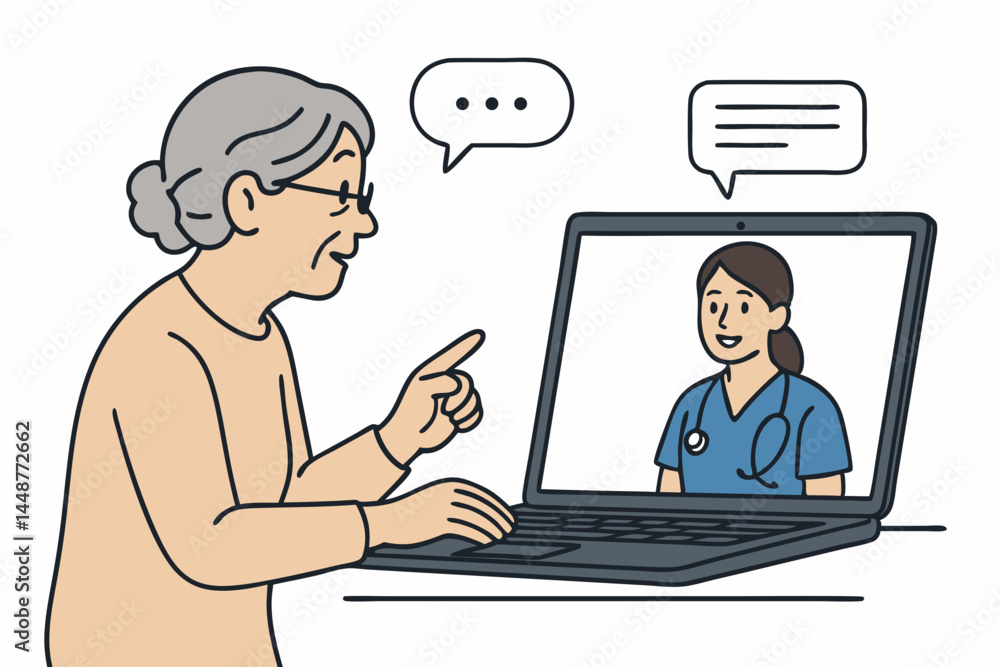 Telehealth concept vector illustration featuring an elderly woman patient having a remote video consultation with her doctor online using a laptop computer for virtual medical advice. Telehealth concept vector illustration featuring an elderly woman patient having a remote video consultation with her doctor online using a laptop computer for virtual medical advice.