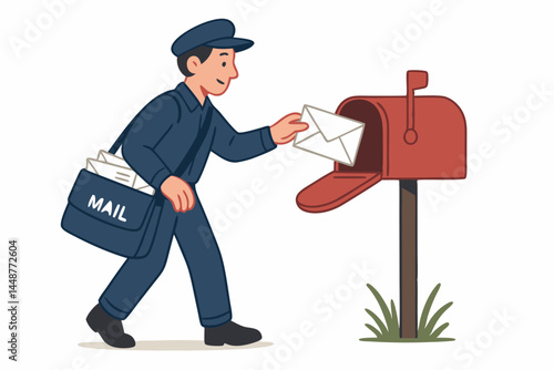 Professional mail carrier delivering correspondence. Postman in blue uniform places envelope in red mailbox. Postal service worker, mail delivery vector illustration isolated character design.
